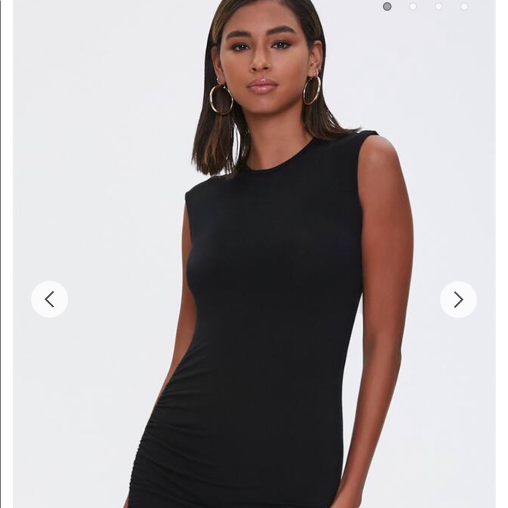 High neck, tight black dress